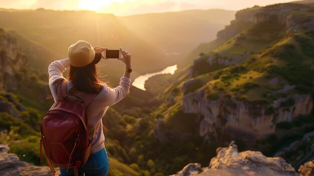 Positive tourist woman taking picture outdoors for memories making selfie on top of Generative AI