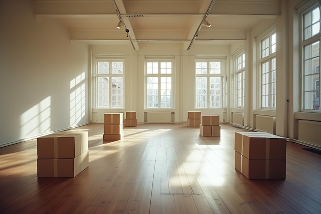 Positive Transition Filling an Empty Room with Bright Light Strategically Placed Boxes for an Optimistic Move