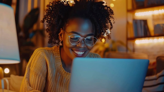 Positive woman video calling with a bright smile using her laptop at home