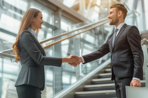 Positive young business partners standing on office stairs and handshaking after fruitful meeting