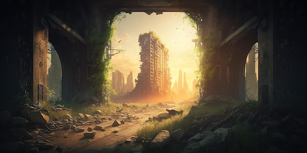 Post-apocalypse city landscape with derelict buildings landscape created with generative AI