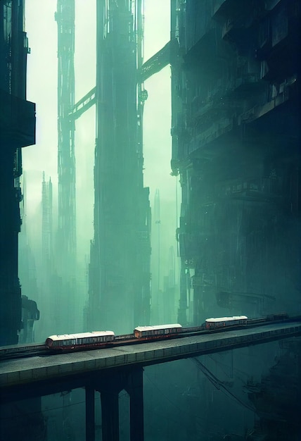 Post apocalyptic cinematic dieselpunk metropolis futuristic architecture high density buildings tunnelstrains elevated bridges people everywhere walking AI Neural Network Computer Generated Art