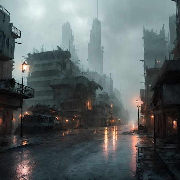 Post apocalyptic city at raining night generative art by AI