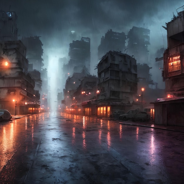 Post apocalyptic city at raining night generative art by AI