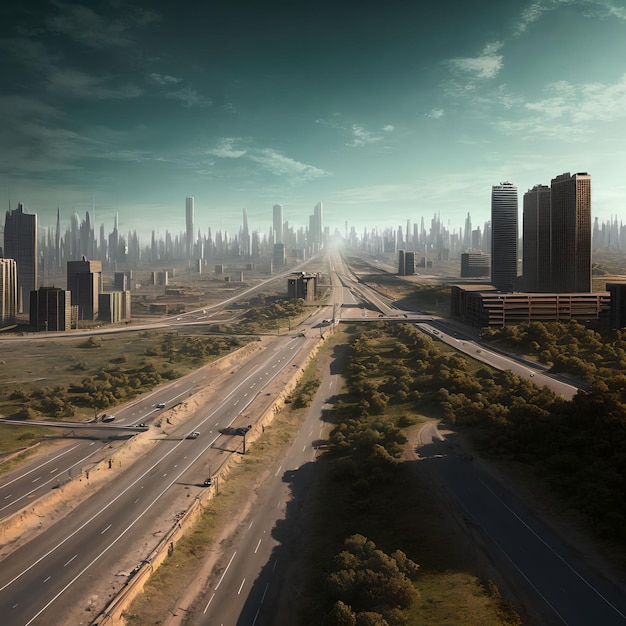 Post apocalyptic city with highway generative art by AI