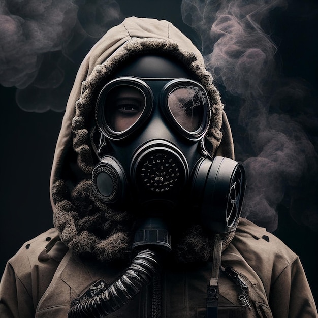 Post Apocalyptic world Person wearing a gas mask to protect against toxic atmosphere Generative AI illustration