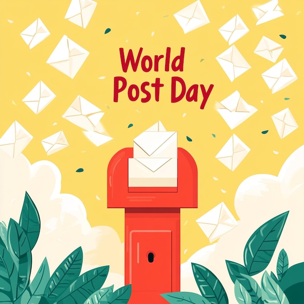 a post card with a postcard that says world post day in red letters