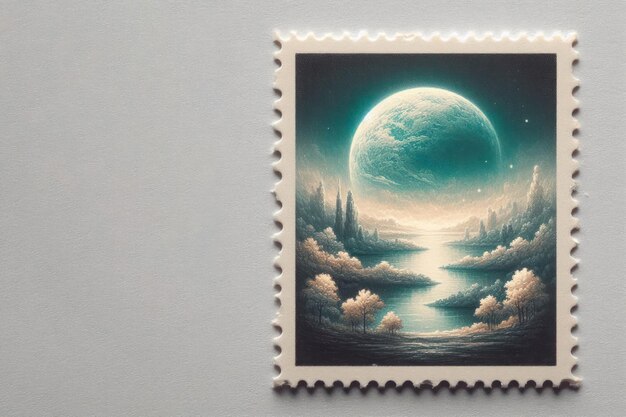 Photo postage stamp with a futuristic landscape space for text