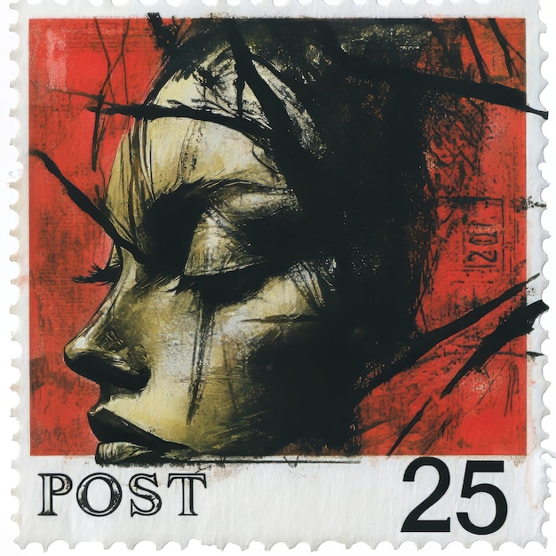 Photo postage stamp with image of the face of a woman in a tree