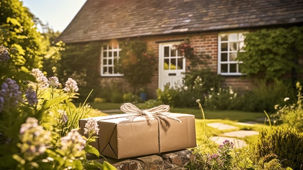 Postal service home delivery and online shopping parcel box on a house doorstep in the countryside generative ai