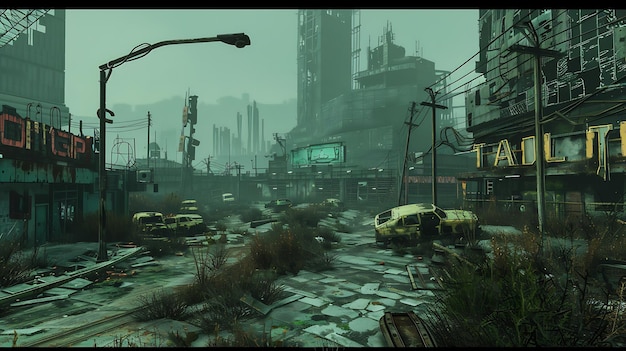 A postapocalyptic city street with abandoned cars and buildings The street is overgrown with weeds and moss