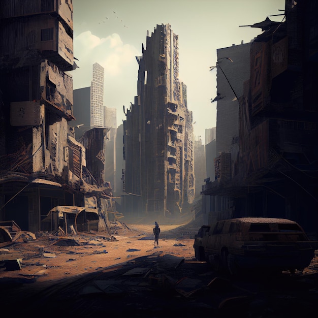 Postapocalyptic city with destroyed highrise buildings