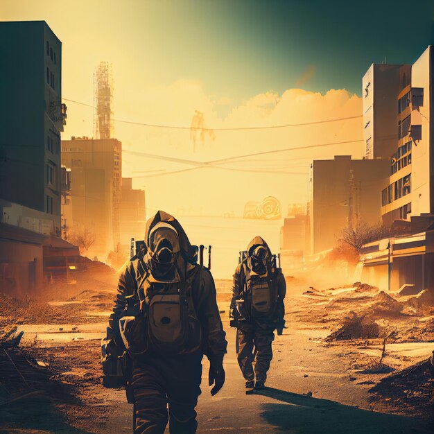 Postapocalyptic city with people in protective suits walking along road