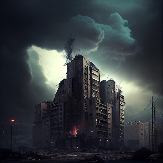 Postapocalyptic city with smoking highrise buildings against cloudy night sky