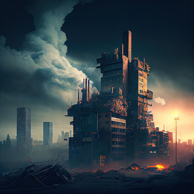 Postapocalyptic city with smoking highrise buildings against cloudy night sky