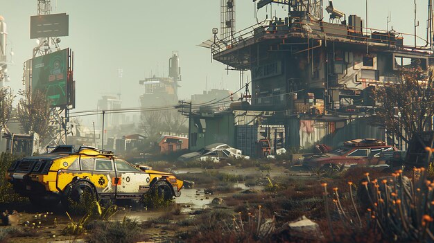 A postapocalyptic city with a yellow car in the foreground The city is in ruins and there are no people around