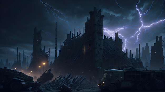 A postapocalyptic cityscape with a dark sky filled with lightning bolt