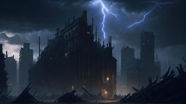 A postapocalyptic cityscape with a dark sky filled with lightning bolt