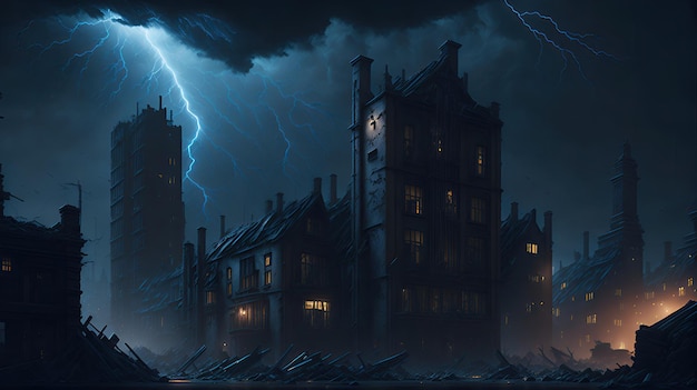 A postapocalyptic cityscape with a dark sky filled with lightning bolt