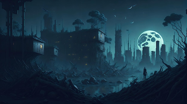 A postapocalyptic cityscape with a desolate landscape