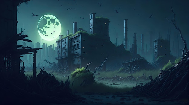 A postapocalyptic cityscape with a desolate landscape