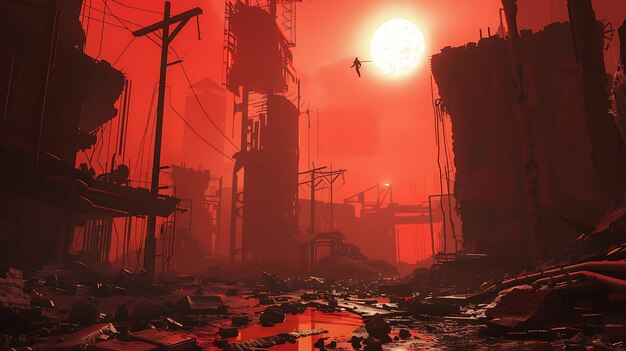 A postapocalyptic cityscape with a large red sun in the background The city is in ruins with buildings destroyed and debris everywhere