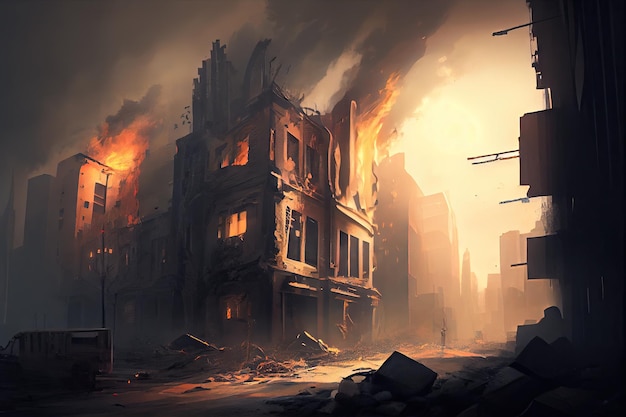 Postapocalyptic cityscape with smoke billowing from fires and broken windows