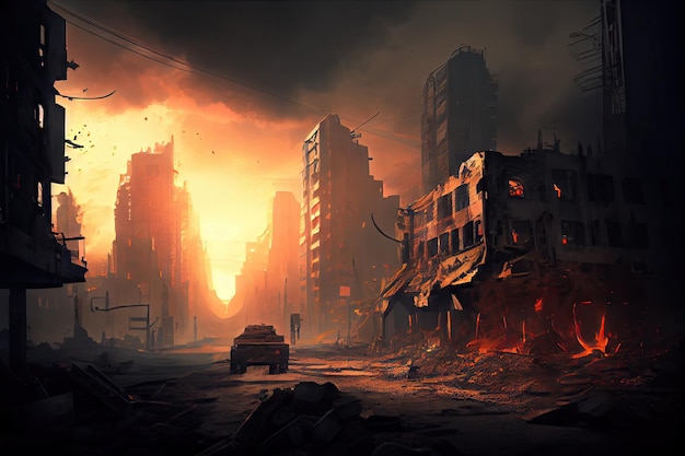 Postapocalyptic cityscape with smoke rising from rubble and fires created with generative ai