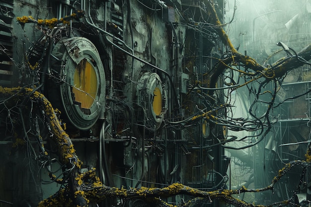 Postapocalyptic industrial scene with overgrown machinery vines and eerie atmosphere ideal for dystopian and scifi concepts