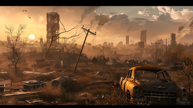 A postapocalyptic landscape with a ruined city in the background The foreground is littered with debris and abandoned vehicles