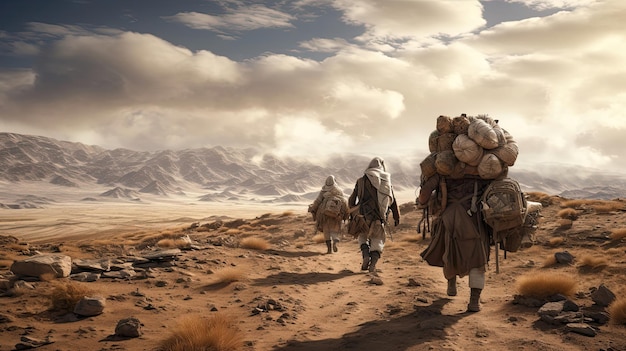 Postapocalyptic nomads traversing a desert