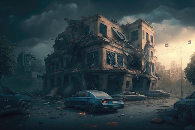 A postapocalyptic ruined city Destroyed buildings burntout vehicles and ruined roads Generative AI Made by AI