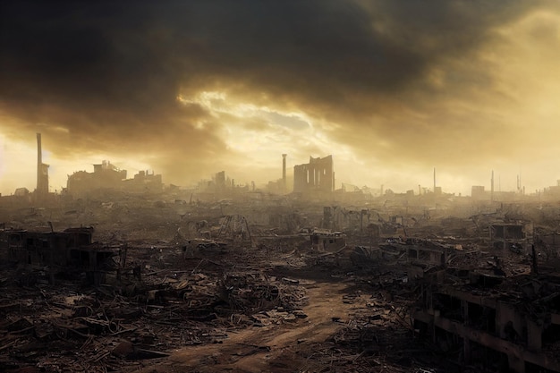 A postapocalyptic ruined city. Destroyed buildings burntout vehicles and ruined roads.