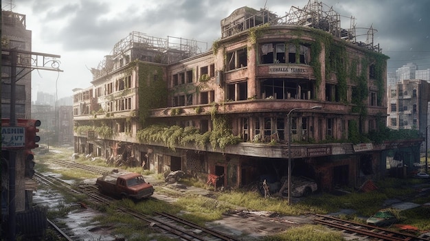 Postapocalyptic ruined city Destroyed buildings burntout vehicles and ruined roads