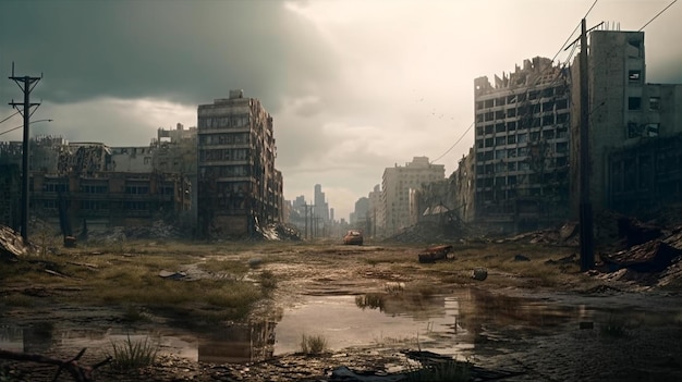 A postapocalyptic ruined city Destroyed buildings destroyed roads blown up skyscrapers The concept of the apocalypse Generative AI