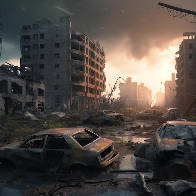 Postapocalyptic ruined deserted city Destroyed buildings destroyed roads blown up skyscrapers