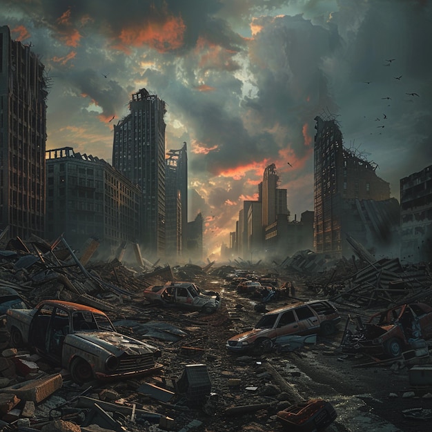 PostApocalyptic Scene Ruined City with Dark Sky