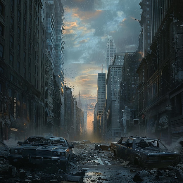 PostApocalyptic Scene Ruined City with Dark Sky