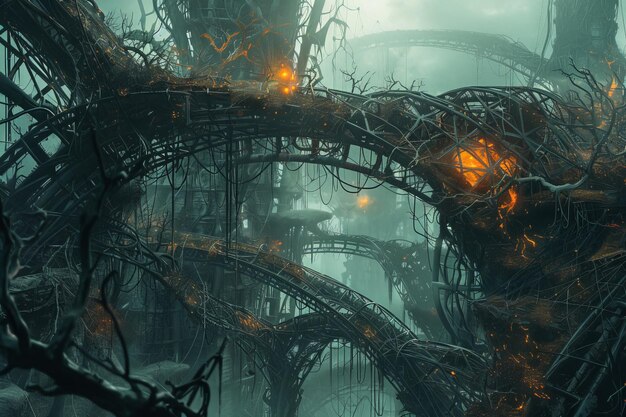 A postapocalyptic scene with intertwined structures and glowing embers amidst a foggy desolate landscape evoking a dystopian atmosphere