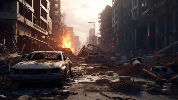 PostApocalyptic Urban Wasteland of Ruined Buildings BurntOut Vehicles and Decimated RoadsxA