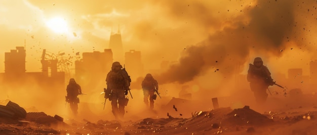 Postapocalyptic warriors march through a dust storm