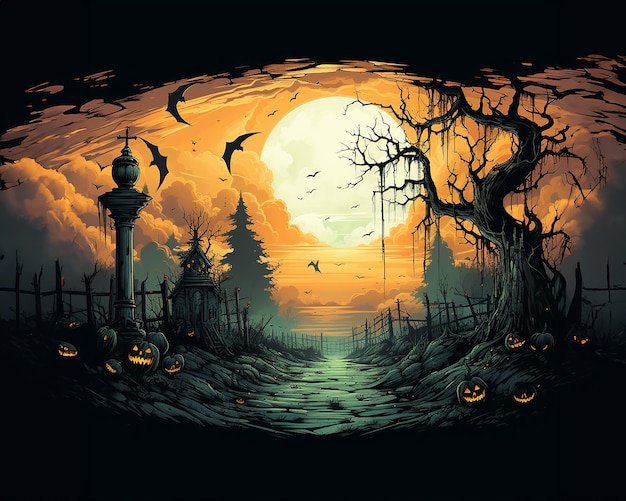 Postcard banner with Halloween holiday night scary landscape Illustration generated by AI