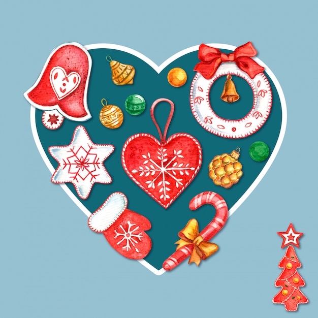 postcard of Christmas toys in the shape of a heart painted with watercolor