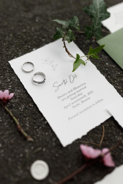 Postcard envelope and card on wedding printing on the background with grass and moss