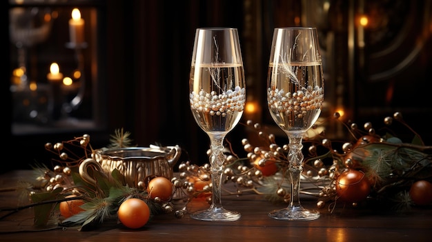 Postcard Happy New Year 2024 Champagne glasses on a shiny background