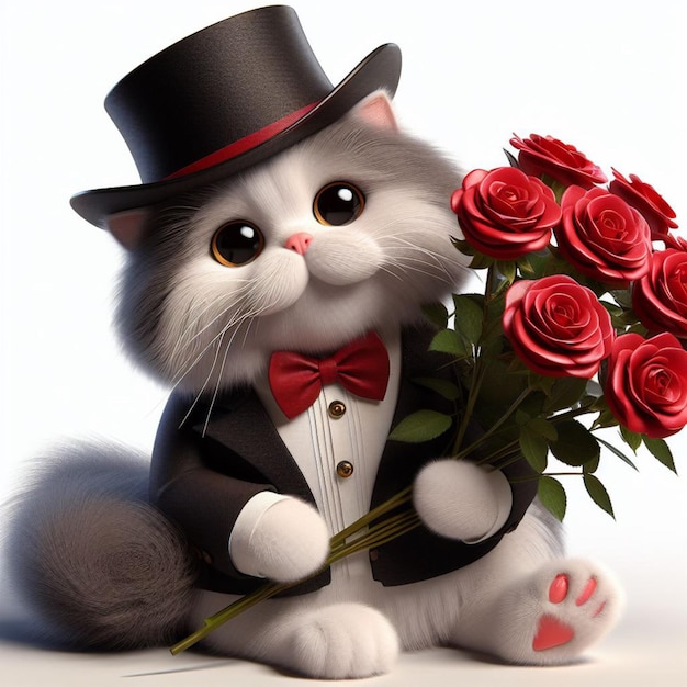 Postcard for Valentines Day Cute cat with a bouquet of flowers