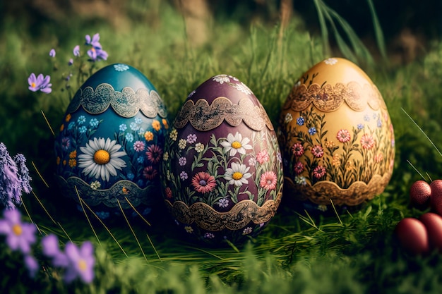 Postcard with easter decoration and painted colorful easter eggs in beautiful nature landscape