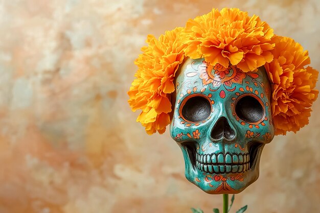 Photo postcard with place for text for day of the dead in mexico orange marigolds and a skull