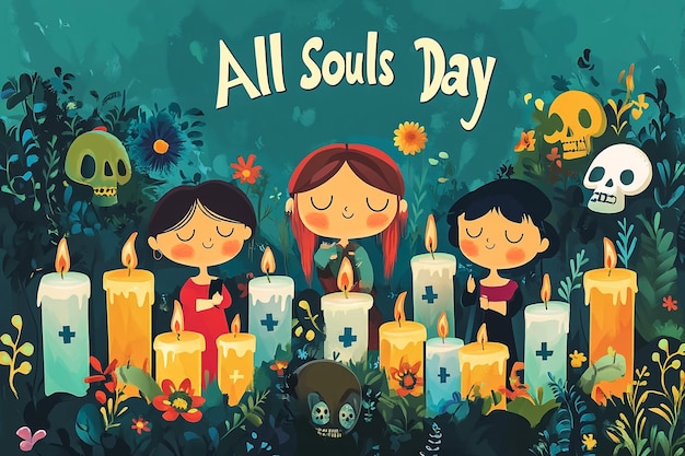 a poster for all souls day day with candles and flowers