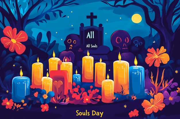 a poster for all souls day with candles and flowers